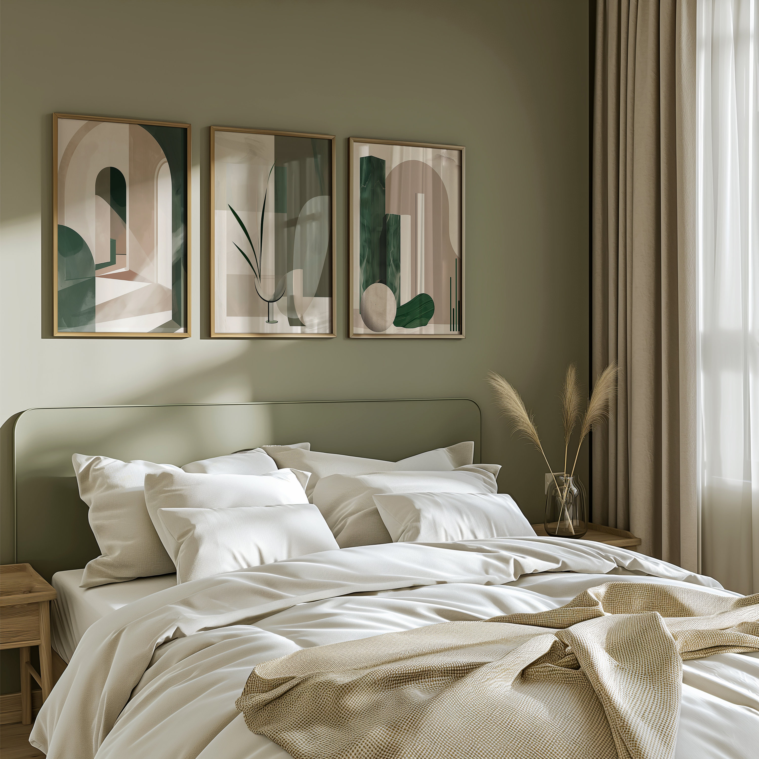 Abstract Green and Beige Wall Art Set, Modern Botanical Prints ...