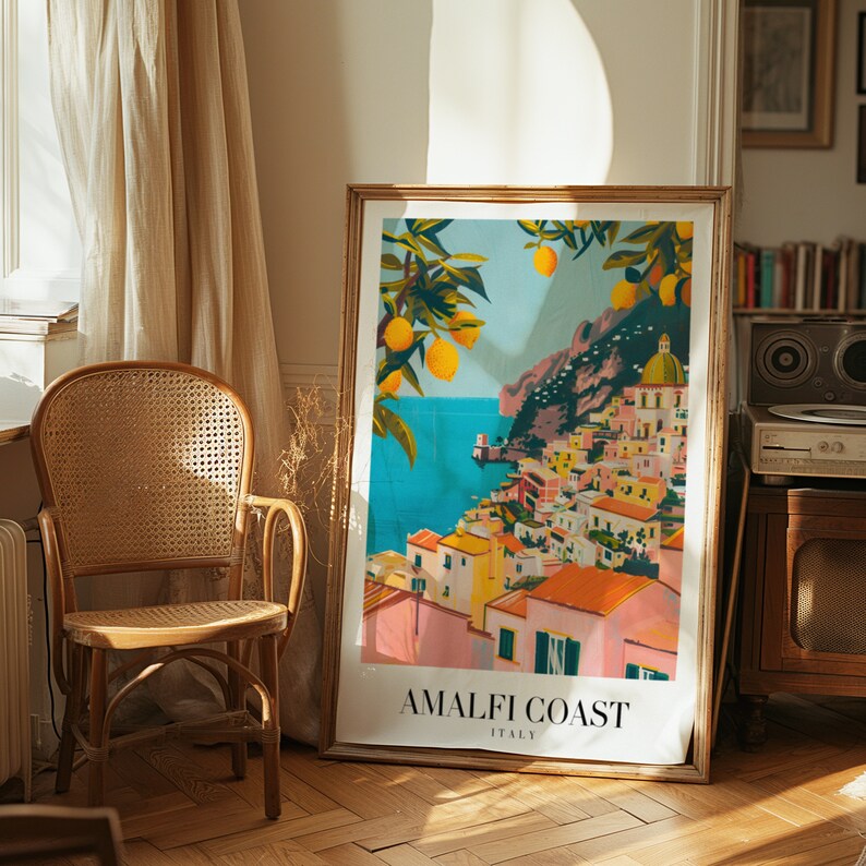 Affiche de la côte amalfitaine, impression d'art de voyage en Italie, décoration murale bord de mer Méditerranée, affiche de voyage de style vintage, paysage côtier, art coloré image 7