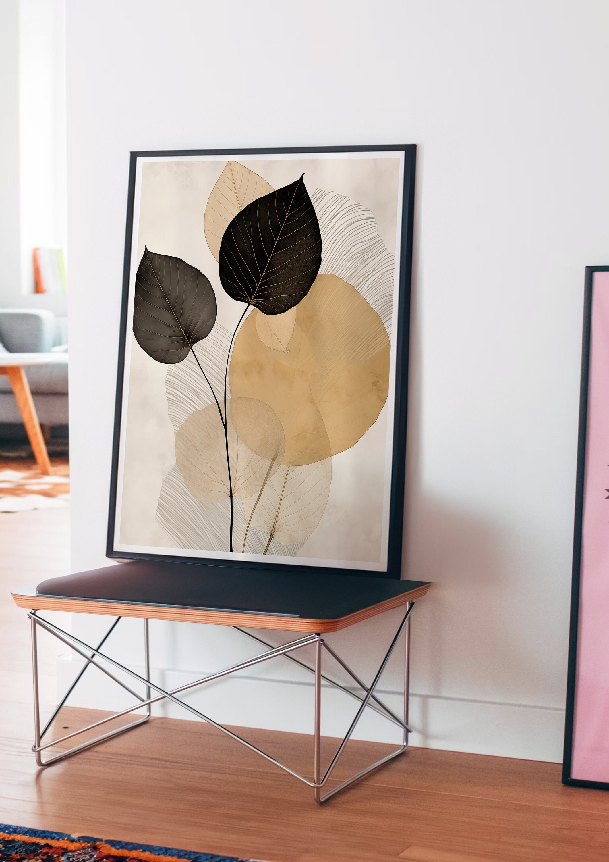 Minimalist Botanical Leaf Art Print, Modern Black Gold Wall Decor ...