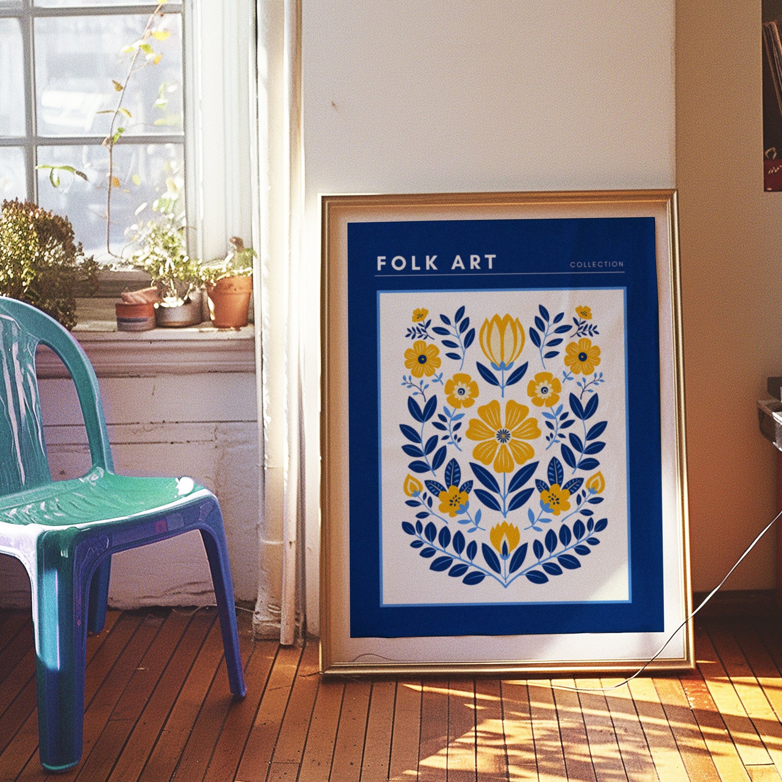 Folk Art Poster, Scandinavian Floral Wall Art, Blue and Yellow Folk ...