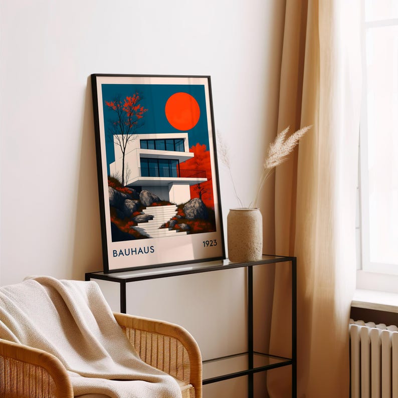Bauhaus Modernist House Poster, Red Sun Architecture Print, Geometric ...