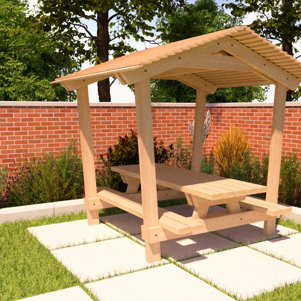 Wooden picnic table with benches and shelter, picnic table with roof, imperial and metric dimensions, A3 PDF plan.
