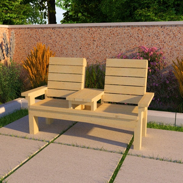 Plan d'un banc double avec table, DIY Plans ,dimensions imperial et metrique, fichier numerique PDF A3