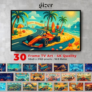 レーシングカーの誕生日パーティーフレームテレビアート：4Kデジタル背景ダウンロード可能なJPG