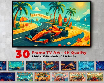 Marco de fiesta de cumpleaños de coches de carreras para TV: fondos digitales 4K JPG descargables