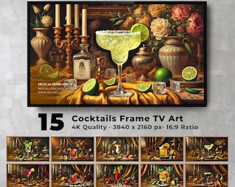 Set de arte de cócteles para TV con marco: Láminas de bodegones vintage (descarga digital, paquete de 30)