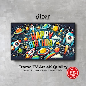 Space Birthday Frame TV Art: Rockets, Planets, Cake (Digital Download 4K Resolution File)