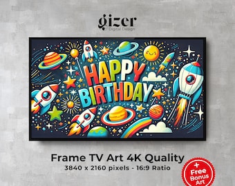 Marco de cumpleaños espacial para TV: Cohetes, planetas y pastel (Descarga digital en resolución 4K)