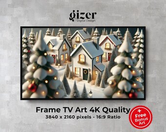 Arte de TV con marco de pueblo nevado: Luces navideñas de invierno (Descarga digital)