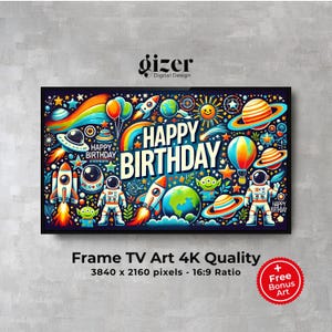 May include: A framed digital art print with a colourful space-themed birthday design. The artwork features rockets, planets, astronauts, and the words "Happy Birthday." The print is 3840 x 2160 pixels and has a 16:9 ratio.