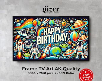 Marco de cumpleaños espacial para TV: Decoración infantil de cohetes y planetas (Descarga digital, resolución 4K, 3840 x 2160 px)
