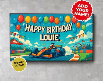 Marco de TV Samsung con diseño de coche de carreras para cumpleaños, personalizado, descarga digital