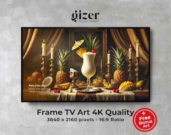 Arte para TV con marco de piña colada: Naturaleza muerta con cóctel tropical (Descarga digital)