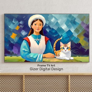 Girl and Cat Frame TV Art: Modern Naive Oil Painting (Digital Download)