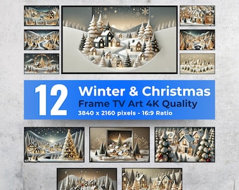 Arte de TV con marco de pueblo invernal: Decoración digital navideña (12 imágenes de alta resolución)