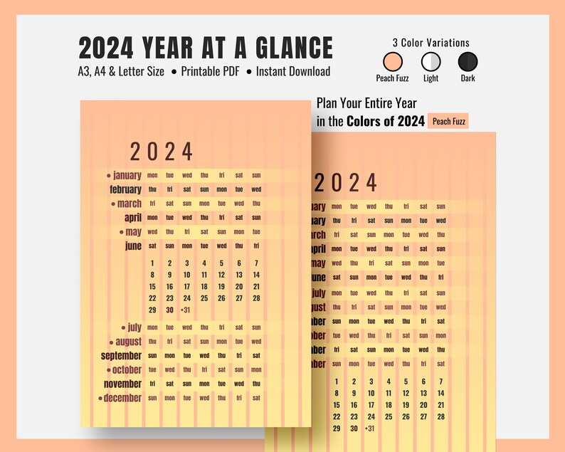 2024 Calendar Printable 2024 Wall Calendar 2024 Year at a Glance Wall