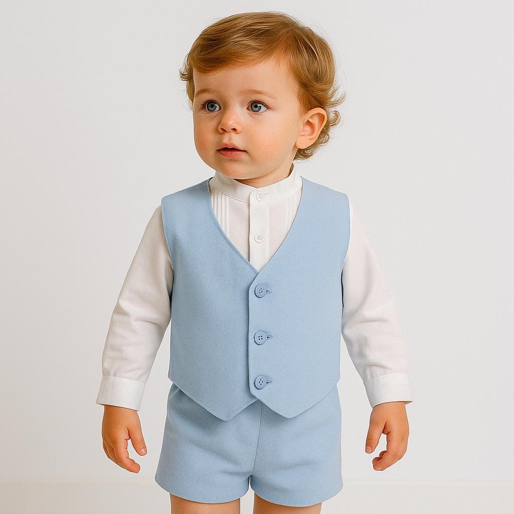 Christening, Baptism, Baby Boy Formal Outfit: Blue Vest & Shorts, White Pleated Shirt