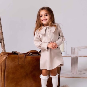 Beige Girls Party Dress: Ruffled Collar A-Line Cotton Blend