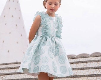Luxury Spanish Girls Dress: Blue Rose Jacquard, Ruffles & Bows