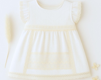 Ivory Baby Dress: Vintage Lace Flutter Sleeve Swiss Dot Cotton
