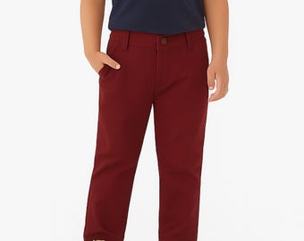 Boys Maroon Dress Pants: Spanish-Made Slim Fit Trousers