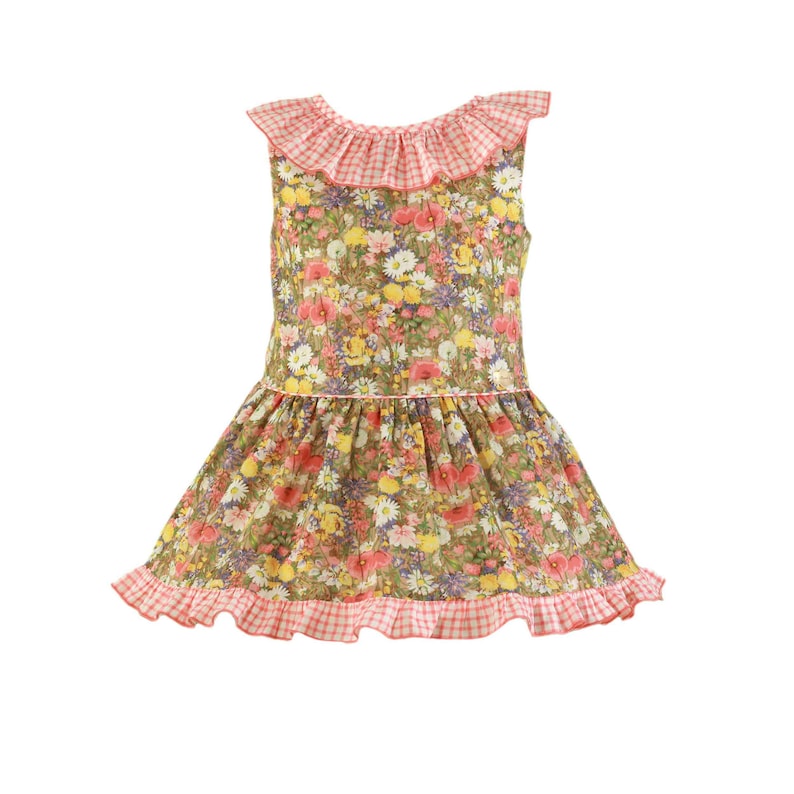 May include: A sleeveless floral dress with a frilled neckline and hem. The dress has a pattern of colourful flowers on a green background. The neckline and hem are trimmed with pink and white gingham fabric.