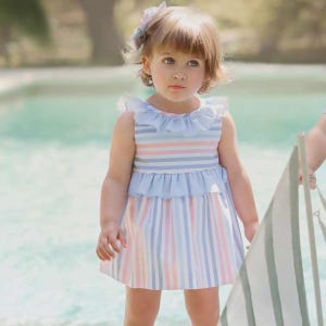 Pastel Striped Cotton Dress: Spanish Ruffle Sleeve Summer Outfit