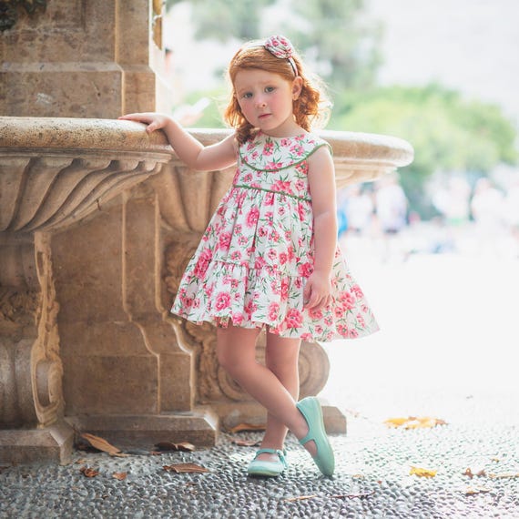 Spanish Floral Cotton Dress: Pink Ruffle Sleeve Party Outfit, Easter Spring