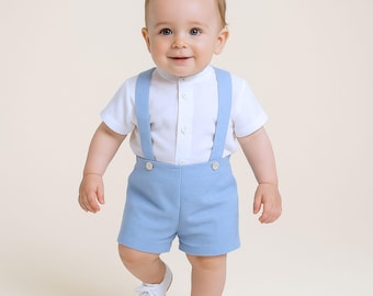 Baby Boy Outfit: Linen Blend Shirt & Suspenders Shorts - Spanish Design