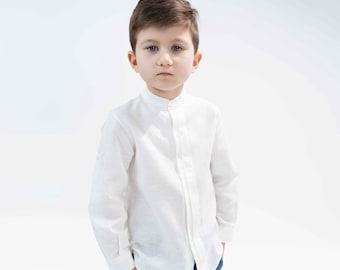 Boys White Linen Cotton Mandarin Collar Shirt: Elegant Made in Spain
