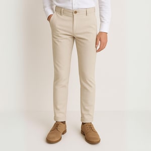 Boys Slim Fit Summer Pants | Light Beige Dress Pants | Made in Spain | Adjustable Waist | Toddler to Youth Sizes