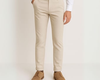 Boys Slim Fit Summer Pants | Light Beige Dress Pants | Made in Spain | Adjustable Waist | Toddler to Youth Sizes