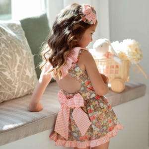 Girls Floral Cotton Dress: Spanish Gingham Ruffles, Oversized Bow