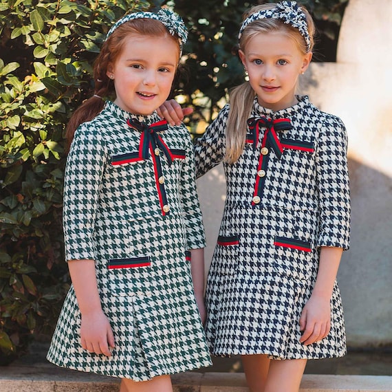Girls Tweed Dress: Houndstooth Holiday Party Dress, Christmas, Special Occasion, Formal Dress