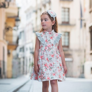 Spanish Vintage Floral Girls Dress: Handmade Ruffle Cotton Party Dress
