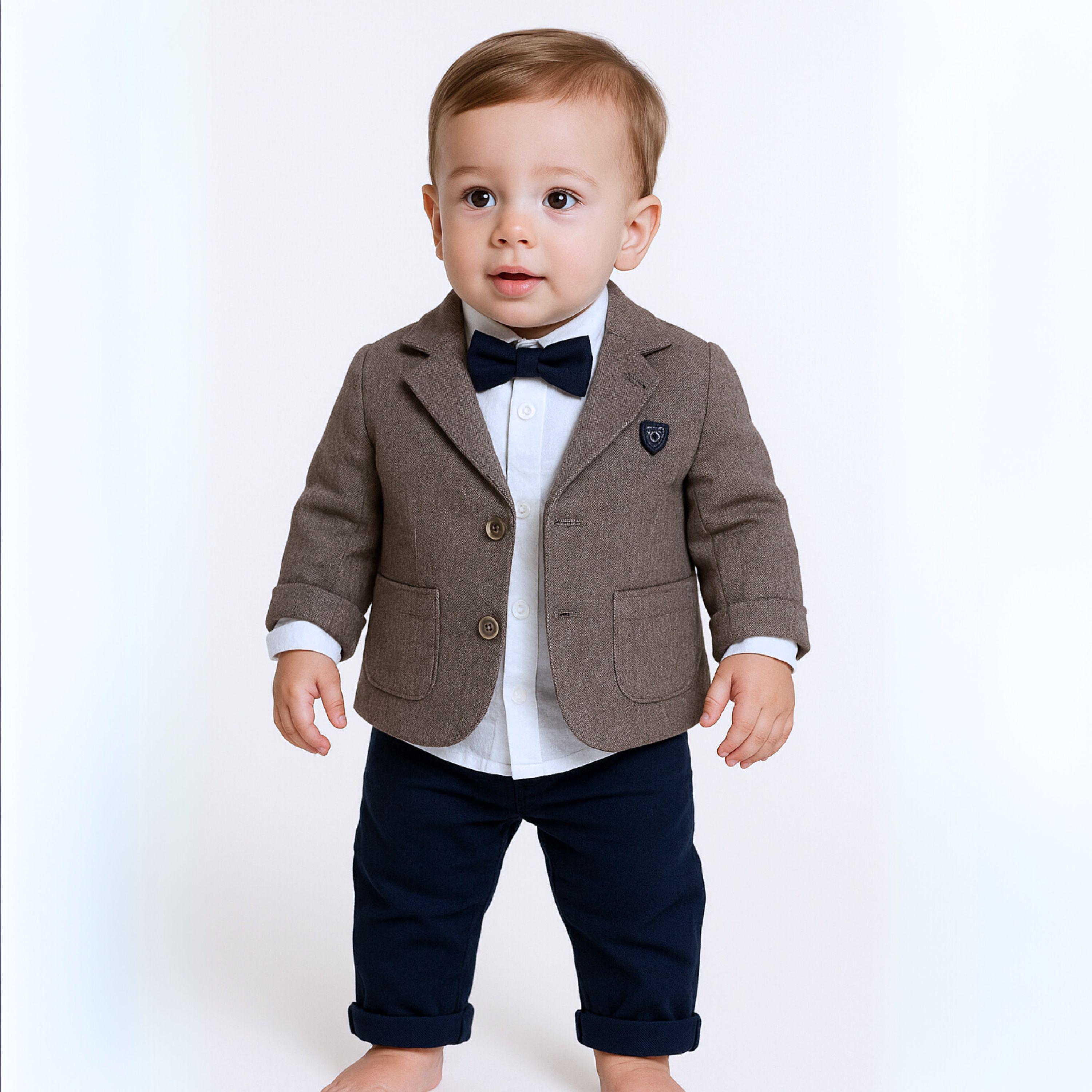 Baby Boy Outfit Set: Navy Pants, Bow Tie & Blazer - European Style