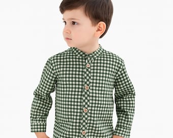 Boys Green Gingham Shirt | 100% Cotton | Made in Spain | Mandarin Collar Button-Up Shirt