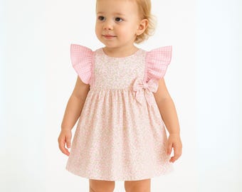 Floral Cotton Baby Dress with Gingham Ruffle Sleeves – Made in Spain