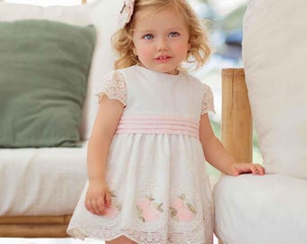 Embroidered Lace Baby Dress with Bloomers: Pink Floral Special Occasion Outfit