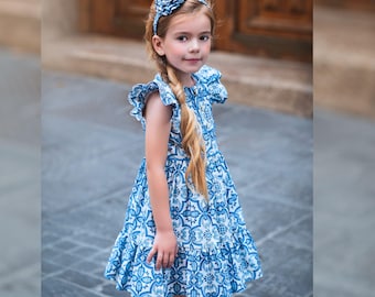 Spanish Tile Dress for Girls - Vintage Puff Sleeve - Tiered Skirt -Flower Girl Dress Blue