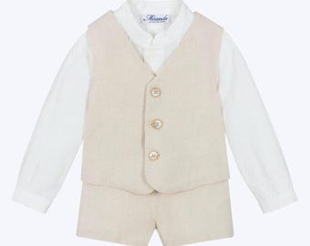 Boys Beige Linen Shorts Set: Spanish 3-Piece Summer Outfit