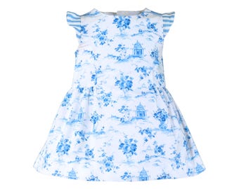 Baby Girl Spanish Toile Dress, Blue White Ruffle Sleeve Bow Back