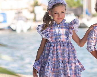Spanish Girls Plaid Dress: Cotton Ruffle Sleeve Summer Dress
