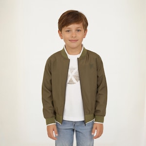 Boys Olive Bomber Jacket Set: Cotton Long Sleeve Shirt
