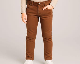 Boys Brown Slim Fit Cotton Trousers: Spanish Design