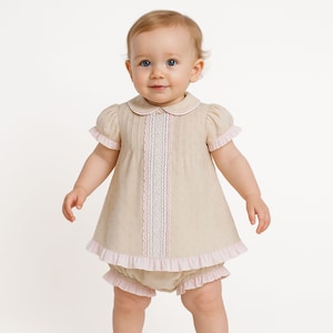 Vintage Baby Girl Dress & Knickers Set – Beige and Pink Lace Outfit, Heirloom Baby Clothes, Christening, Birthday, Special Occasion Dress
