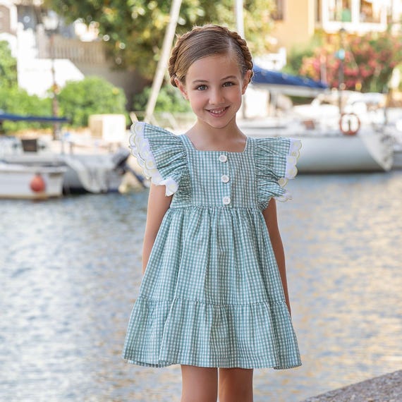 Girls 100 Cotton Gingham School Dress Girls Green Gingham Cotton Dress  Ruffle Sleeve Embroidered Summer Dress Made In Spain