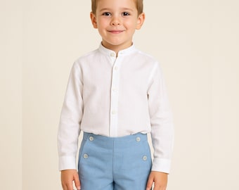 Spanish Baby Boy Outfit: Mandarin Collar Shirt & Blue Button Shorts