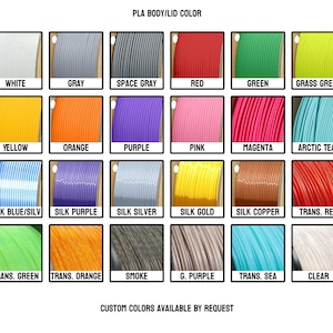 May include: A chart displaying 28 different colours of PLA filament for 3D printing. The colours are arranged in rows and columns, with the name of each colour printed below the corresponding sample.