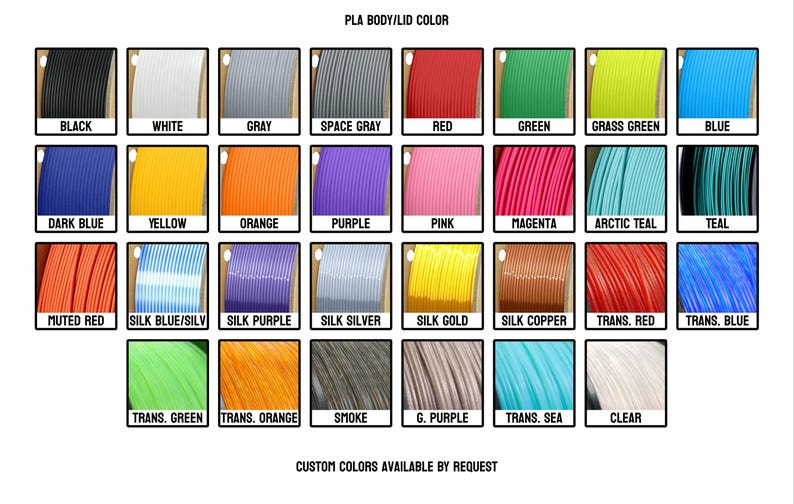 May include: A chart displaying 28 different colours of PLA filament for 3D printing. The colours are arranged in rows and columns, with the name of each colour printed below the corresponding sample.